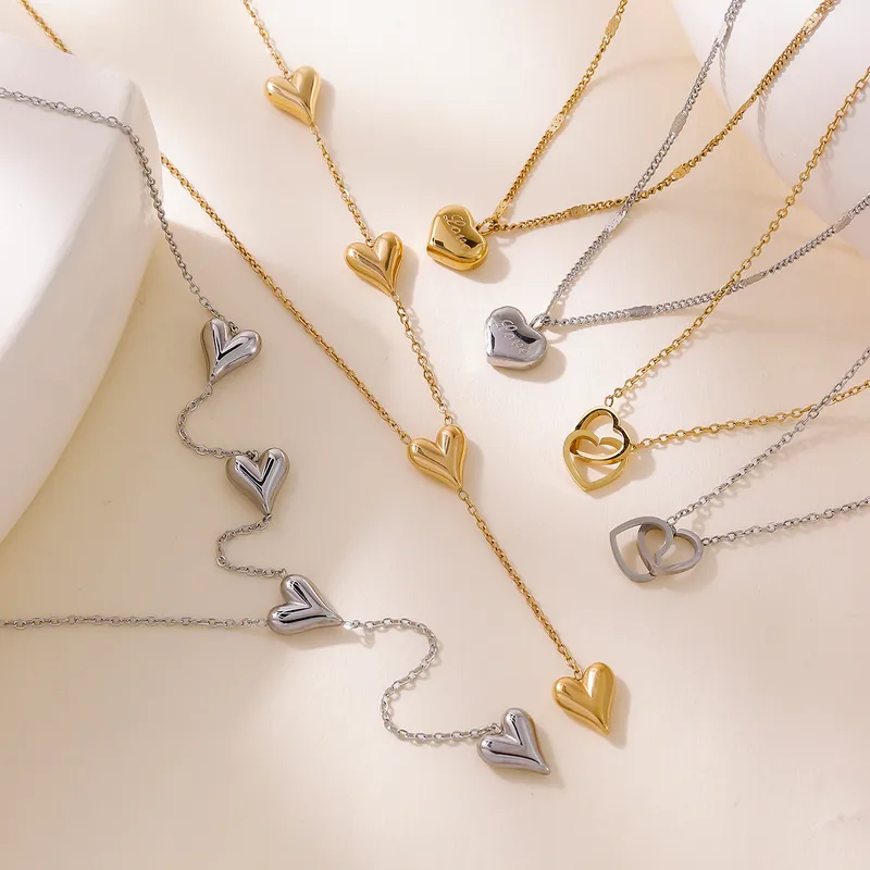Wholesale 304 Stainless Steel Heart Shape PVD Coated Stone-Free 18K Real Gold Plated Necklace
