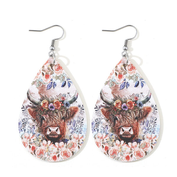 Wholesale Western cowboy flower bull head ring double-sided leather water drop earrings