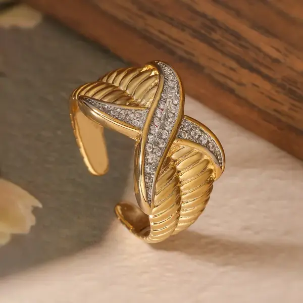 Wholesale Retro Geometric Solid Color Copper Inlay 18K Gold Plated Zircon Open Rings