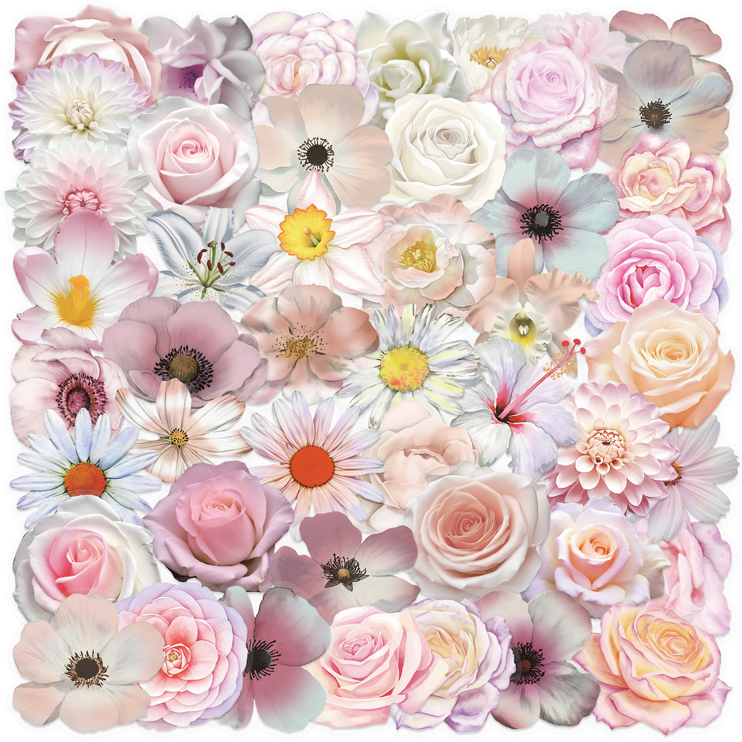 Wholesale 50 Sheets of Transparent Ins Pink Flower Stickers Waterproof Transparent Pet Handbook Material Decoration Guitar Cross-Border