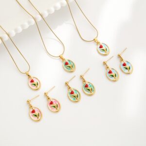 Wholesale Medieval Style Monet Oil Painting Flower Pendant Earrings Necklace Set