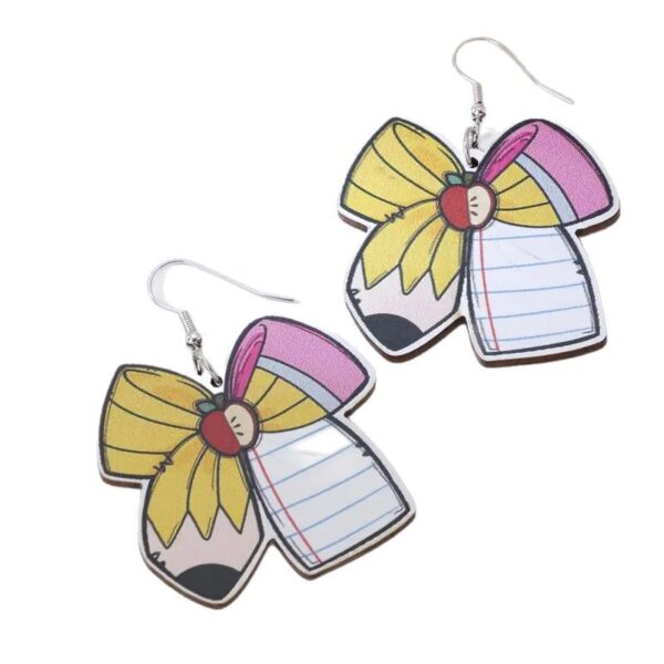 Wholesale Cross-Border Hot Selling Graduation Season Bow Creative Pencil Double-Sided Pattern Wooden Earrings Teacher's Day Gift