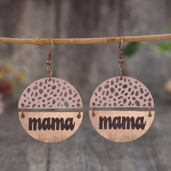 Wholesale Cross-border AliExpress New Mother's Day retro style wood piece leather combination letter mom round earrings