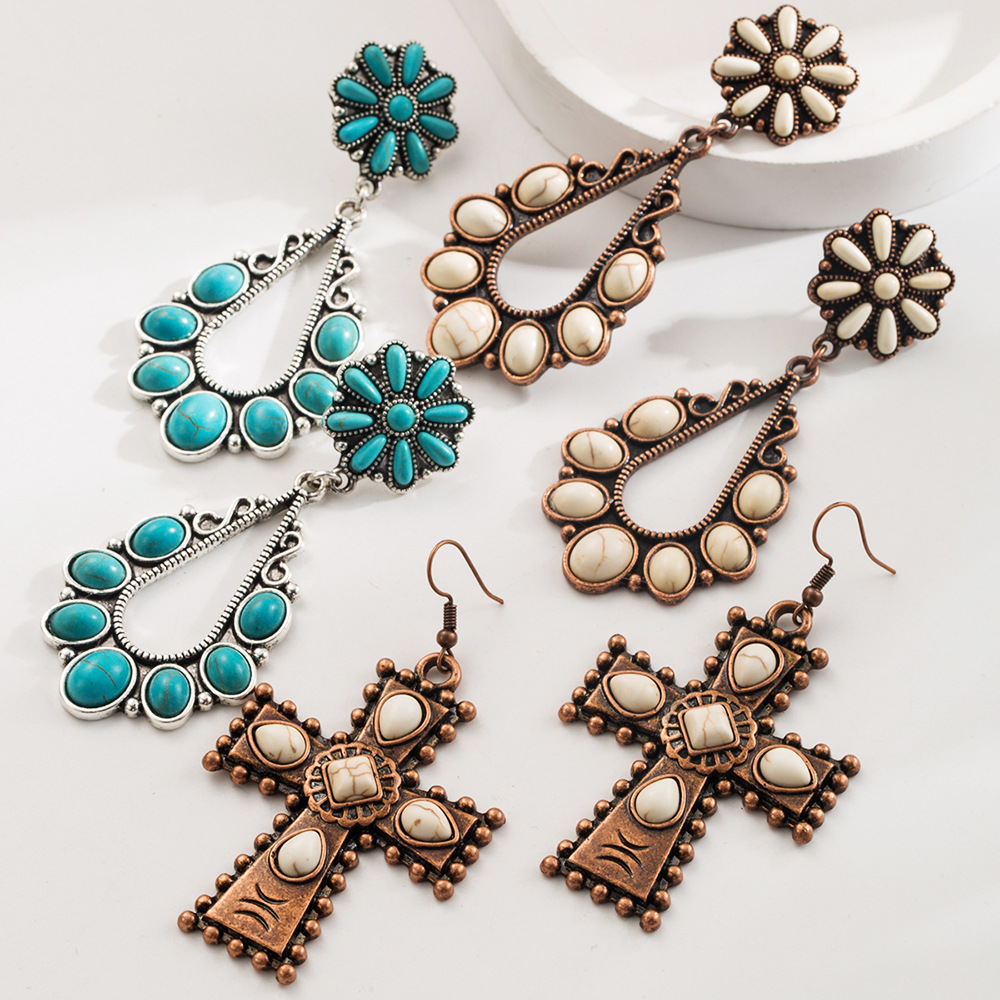 Wholesale European and American Retro Western Style Earrings Turquoise Water ops Cross Temperament Exaerated Earrings Independent Station Hot Earrings
