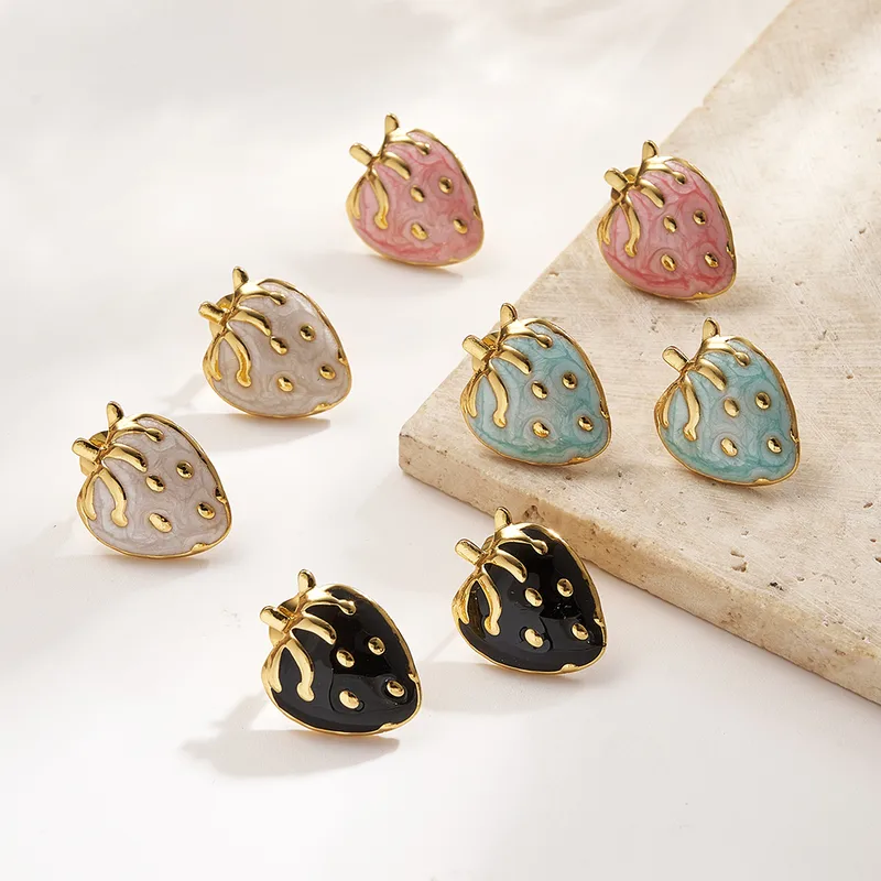 Wholesale European And American Hot-Selling Ins Style Gold-Plated Imitation Gold Strawberry 304 Stainless Steel Oil-ip Earrings Casual Basic lished El