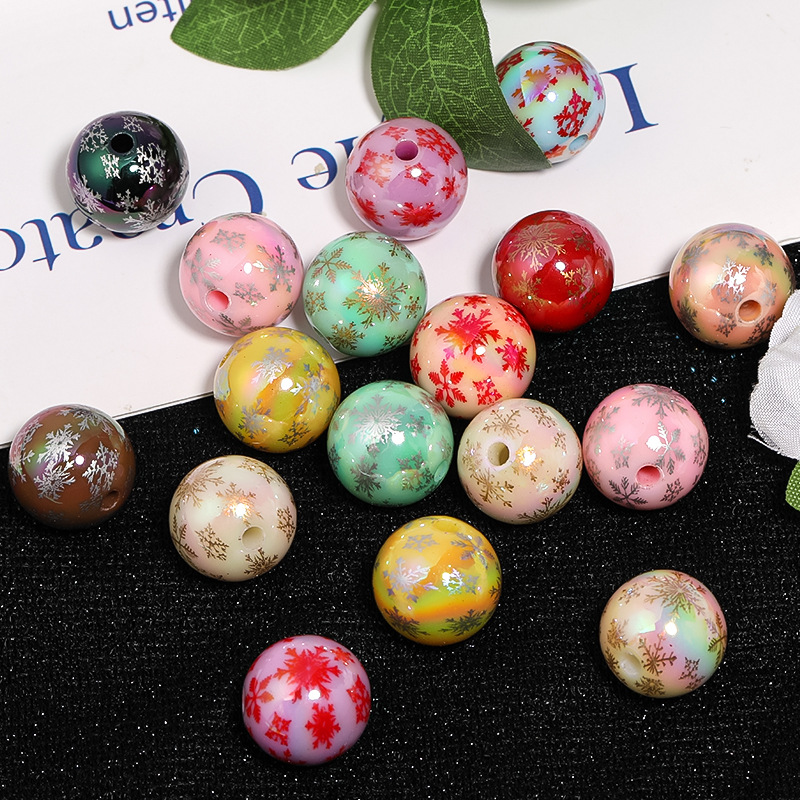 Wholesale printed round beads colored snowflake acrylic bead