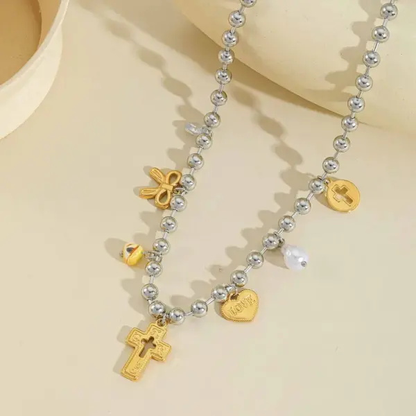 Ion Plating (IP) 18K Gold Plated Cross Heart Shape Eye 304 Stainless Steel Elegant Cute Artistic Multi Charms Necklace