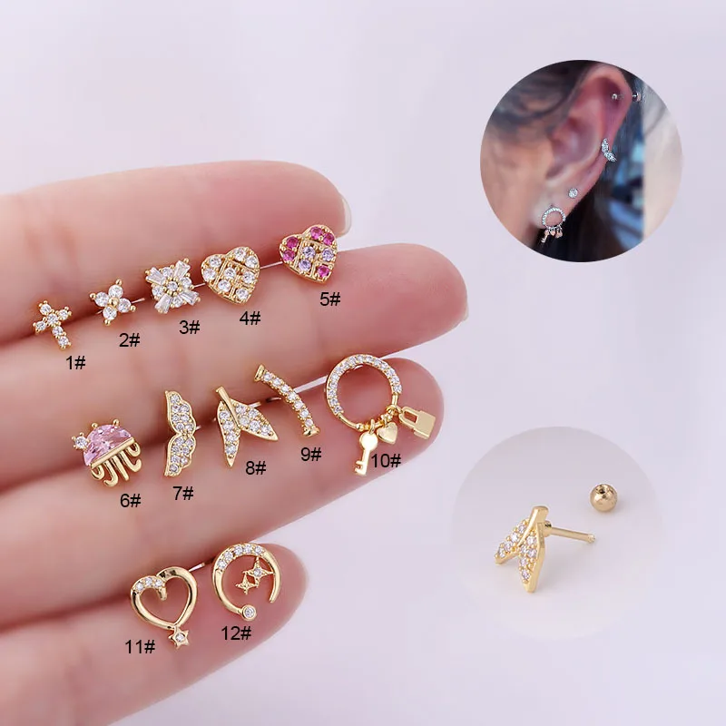 Wholesale 1 Pair 316L Stainless Steel Copper Zircon Ear Cartilage Rings & Studs Geometric Waterproof Non Tarnish Surgical Steel Women'S