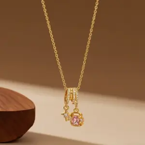 X08295 [Copper Pendant] Pink Diamond Star Necklace - / Gold