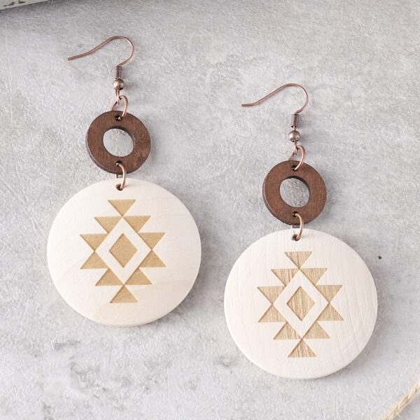 Wholesale Cross-border Bohemian Cactus Sun Aztec Pattern Wood Laser Disc Stitching Earrings