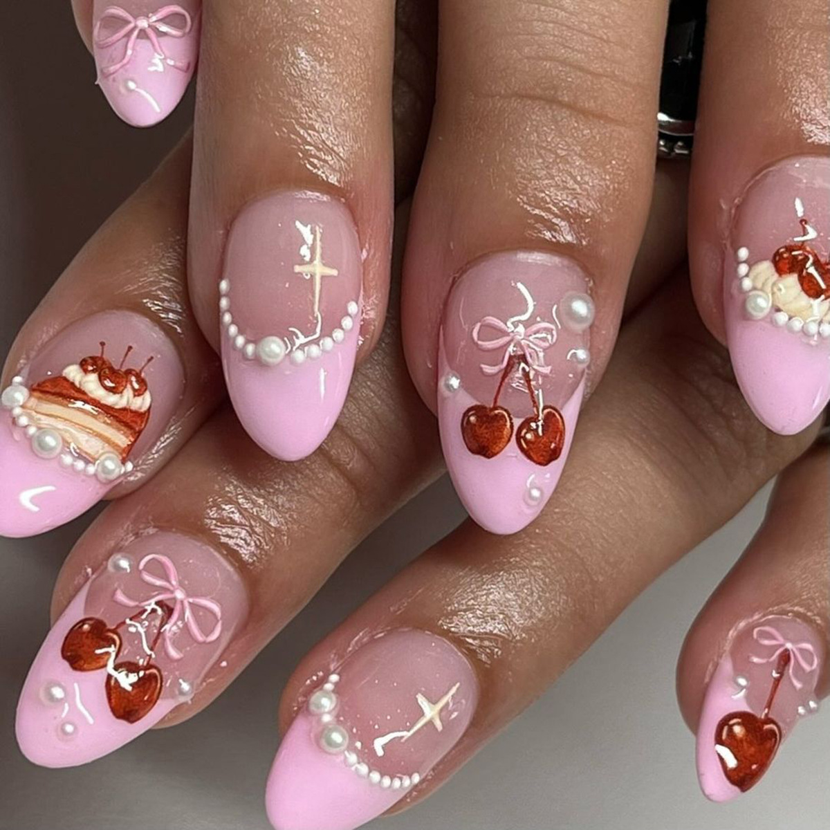 Wholesale European and American Wear Armor Pink French Red Cherry Nail Patch White Pearl False Nail Sweet Style Nail Patch