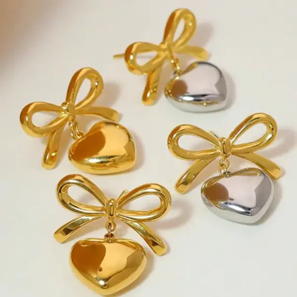 Wholesale Ion Plating (IP) 18K Gold Plated Heart Shape Bow Knot 304 Stainless Steel Elegant Glam Classic Style Waterproof Non Tarnish Drop Earrings