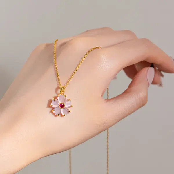 Wholesale Jewelry Elegant Flower 304 Stainless Steel Cat's Eye Stone Inlay Pendant Necklace