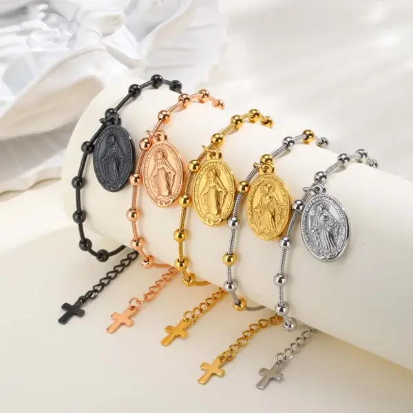 304 Stainless Steel Virgin Mary PVD Coated Real Gold Plated 18K Gold Religion Waterproof Non Tarnish Plating Separated By Bead Necklace Lobster Trier Clasp Closure Bracelets
