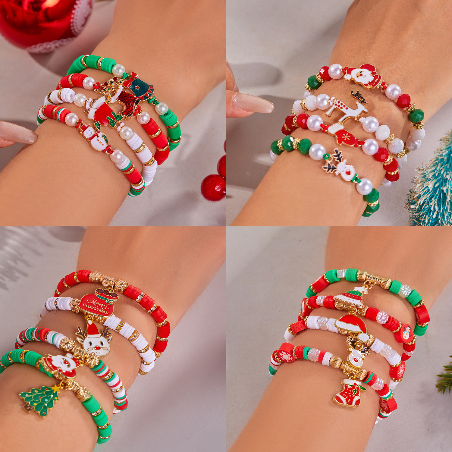 Wholesale Christmas colorful braided lymer clay combination bracelet
