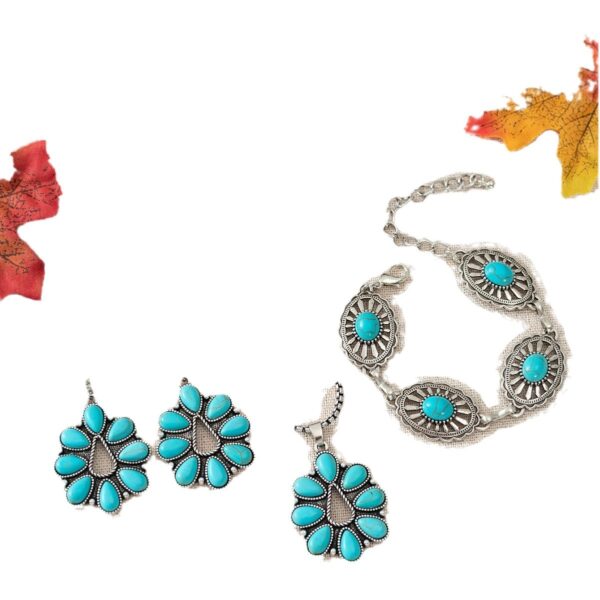 Wholesale Cross-border European and American women's new bohemian Retro fashion turquoise drop-shaped necklace earrings bracelet