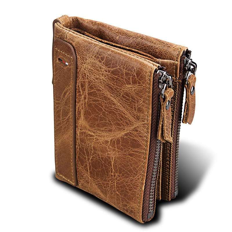 Wholesale Crazy Horse Cowhide Leather Wallet Double Zipper Coin Purse