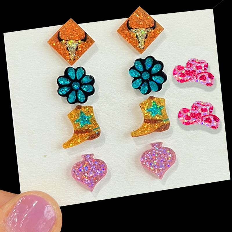 Wholesale Amazon Western Denim Elements Shiny Mini Delicate Small Earrings Hat Boots Red Brand Cattle Head