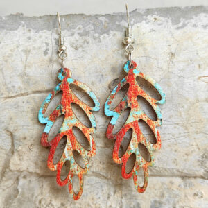 Wholesale Colorful Bohemian retro distressed hollow leaf wood earrings
