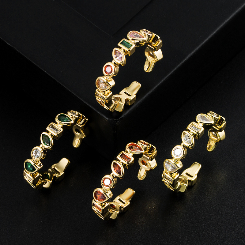 Wholesale European and American Cross-border Explosive Copper 18K Gold Color Zircon Geometric Shape Opening Ring Fashion High-end Personality Jewelry