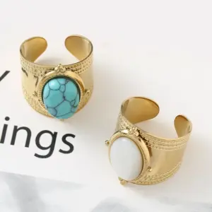 Wholesale Retro Oval Stainless Steel Turquoise Wide Band Rings In Bulk
