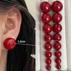 4163-1.6cm Red Bead Stud Earrings
