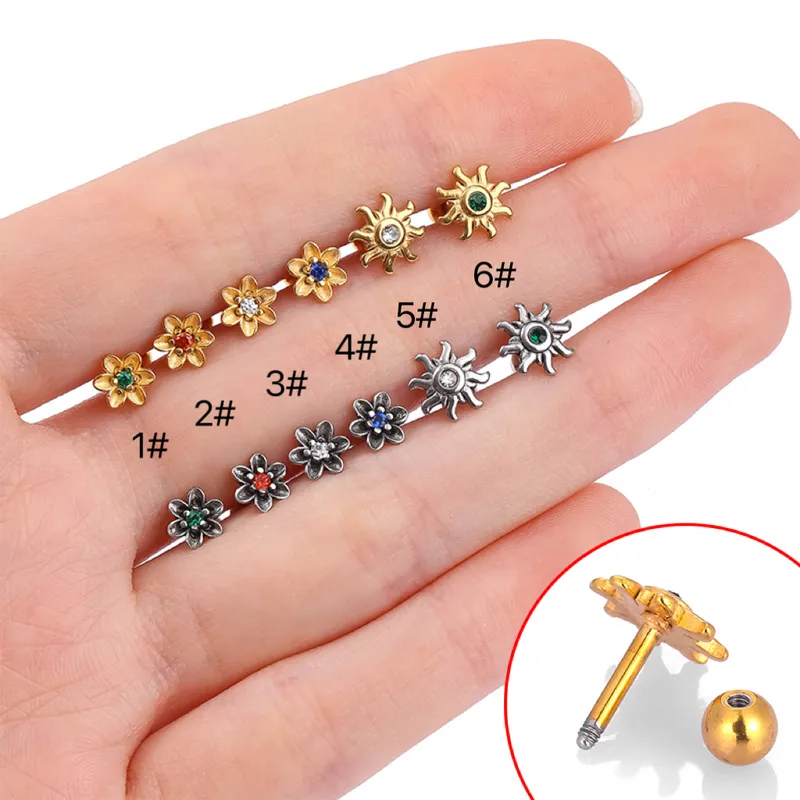Wholesale 1 Piece Ear Cartilage Rings & Studs Simple Style Sun Flower 316L Stainless Steel Waterproof Non Tarnish Surgical Steel Zircon Ion Platin