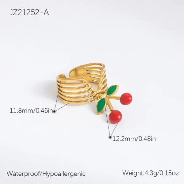 Ion Plating (IP) 18K Gold Plated Cherry 304 Stainless Steel Elegant Cute Luxurious Waterproof Non Tarnish Open Rings