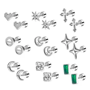 Wholesale 1 Pair Stainless Steel Vertical Bar Heart/Moon/Square Inlaid Synthetic Zircon Earrings Niche Design Sense Minimalist Style Simple Ear Piercing Gold Small Earrings