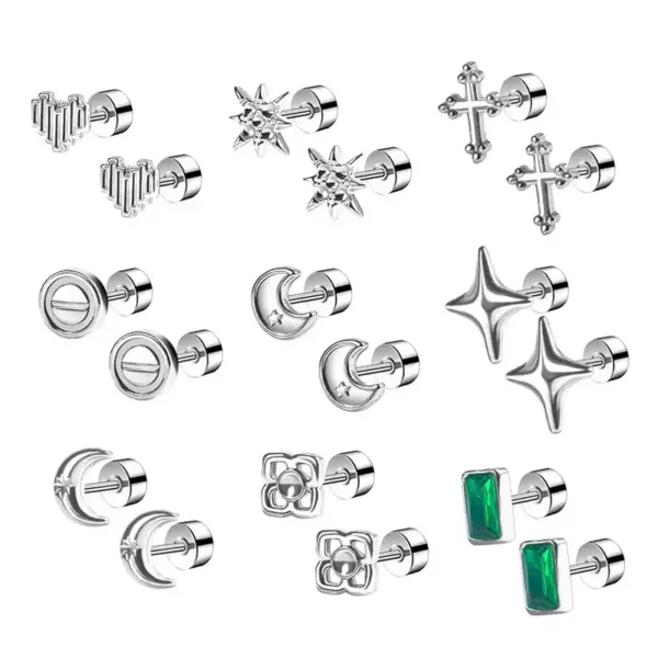 Wholesale 1 Pair Stainless Steel Vertical Bar Heart/Moon/Square Inlaid Synthetic Zircon Earrings Niche Design Sense Minimalist Style Simple Ear Piercing Gold Small Earrings