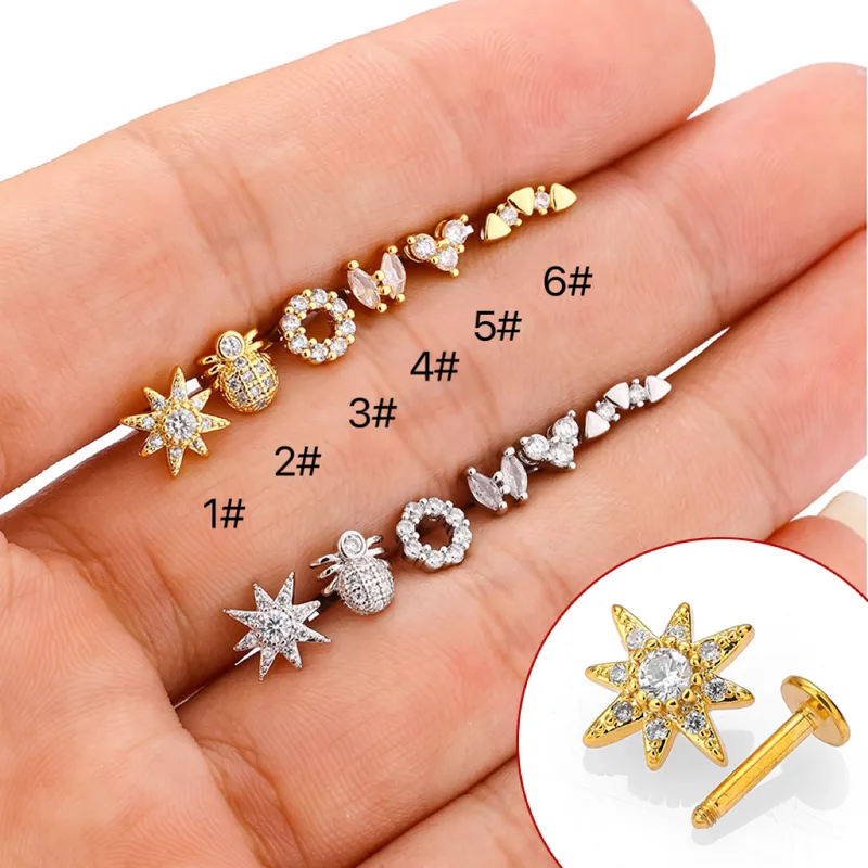 Wholesale 1 Piece Lip Rings Retro Classic Style Round Heart Shape Spider 316L Stainless Steel Copper Waterproof Non Tarnish Surgical Steel Zircon Ion