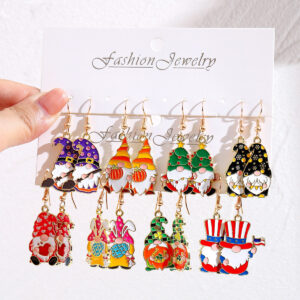 Wholesale New cross-border holiday dwarf earring set: dwarf witch hat, pumpkin, Christmas lights, snowflake, and Easter egg earrings.