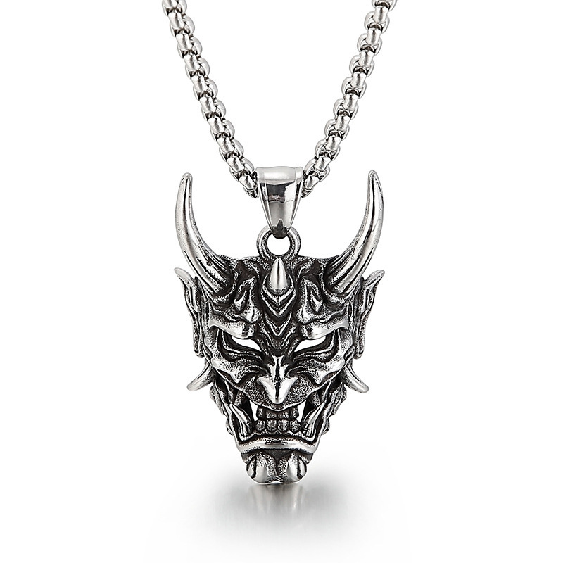 Wholesale Cross-Border E-Commerce Ghost Warrior Mask Necklace Retro Hip-Hop Style Gold Corner Prajna Pendant Stainless Steel Men's Sweater Chain