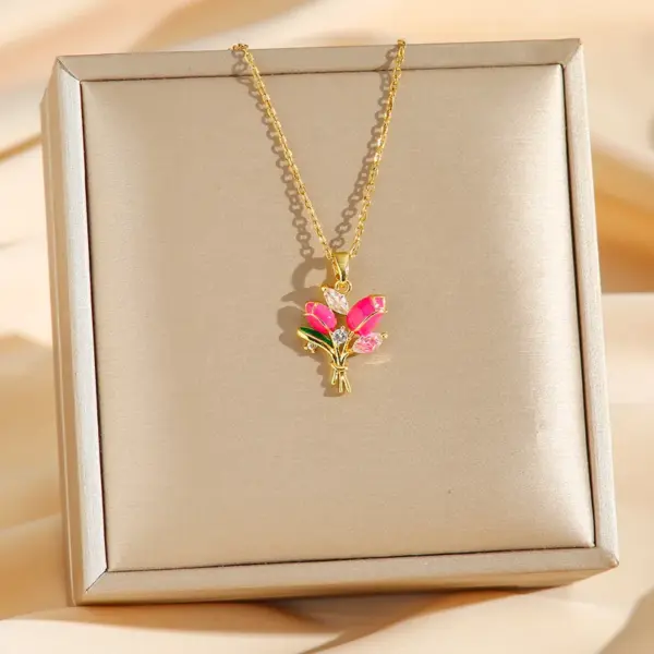 Wholesale Jewelry Simple Style Tulip Titanium Steel Zircon Pendant Necklace