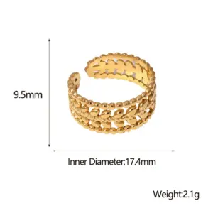Wholesale PVD Coated Real Gold Plated Leaf Stainless Steel Fashion Waterproof Non Tarnish Open Ring