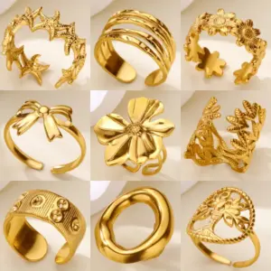 Wholesale 304 Stainless Steel Starfish Flower Bow Knot PVD Coated Real Gold Plated IG Style Retro Waterproof Non Tarnish Plating Open Rings
