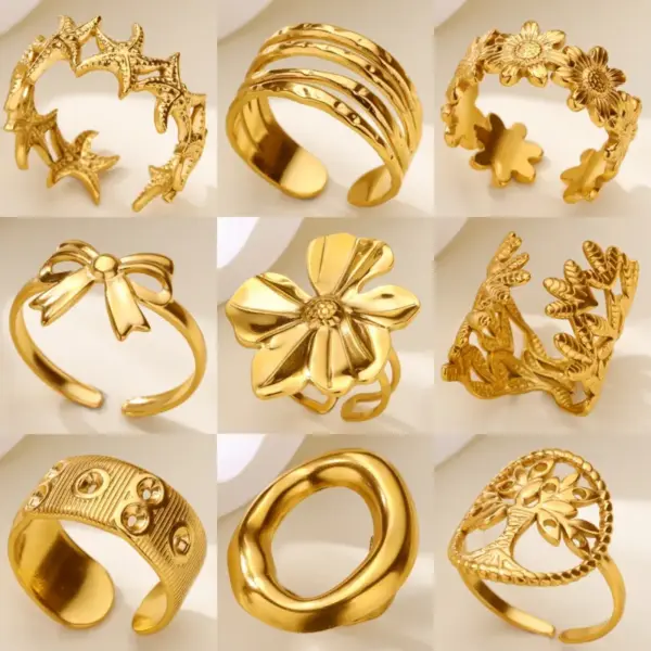 Wholesale 304 Stainless Steel Starfish Flower Bow Knot PVD Coated Real Gold Plated IG Style Retro Waterproof Non Tarnish Plating Open Rings
