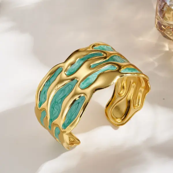 Wholesale European And American Fashion Exaggerated INS Style 304 Stainless Steel Furnace Vacuum Electroplating Gold Colorful Oil Drop Irregular Open Bracelet