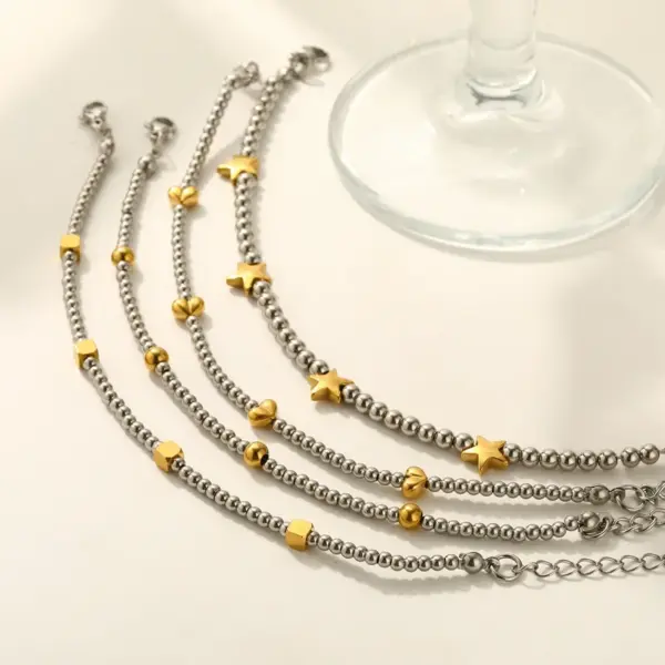 Square Star Vacuum Plating (In Furnace) 18K Real Gold Plated 303 Stainless Steel No Inlay Material Beaded Chain Bracelet For Women