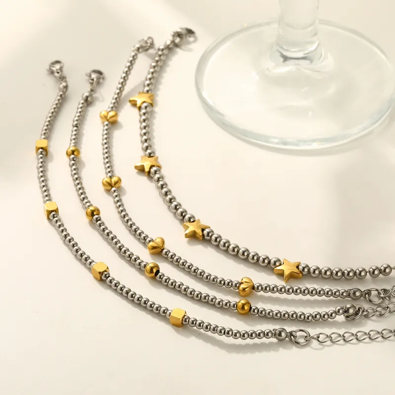 Wholesale Square Star Vacuum Plating (In Furnace) 18K Real Gold Plated 303 Stainless Steel No Inlay Material Beaded Chain Bracelet For Women