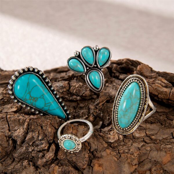 oly-e3f5bfe1e7630cf3ab5535b58b760c8c Wholesale Ethnic Style Retro Petal Set Turquoise Ring Geometric Joint Ring Four-piece Set