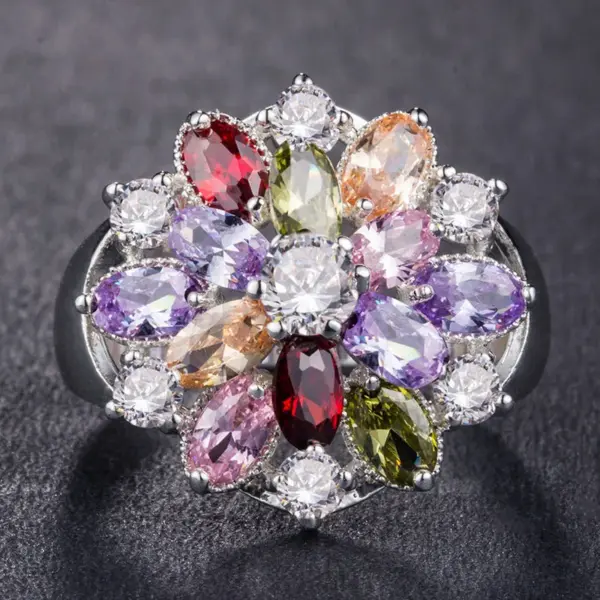 Wholesale Creative Fashion Copper Inlaid Color Zircon Flower Shape Ring