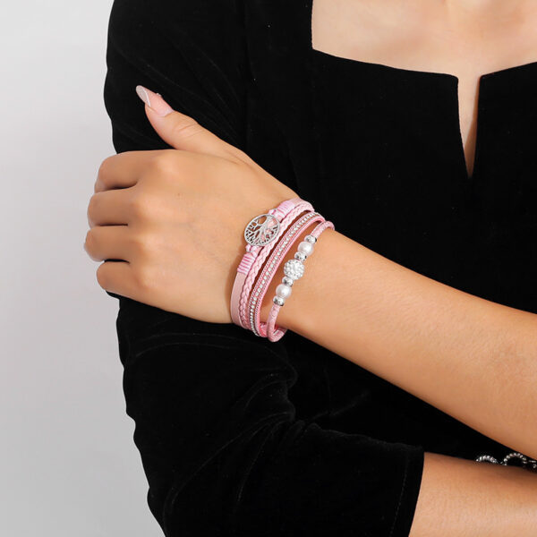 Wholesale Amazon ethnic style imitation pearl rhinestone ball magnetic clasp women's bracelet multi-layer PU leather woven bangle in stock