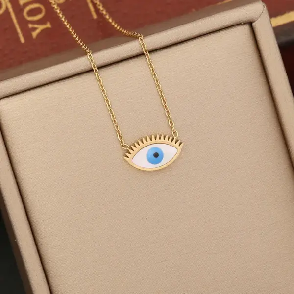 Wholesale 1 Piece Fashion Devil's Eye Stainless Steel Enamel Hollow Out Inlay Zircon Pendant Necklace