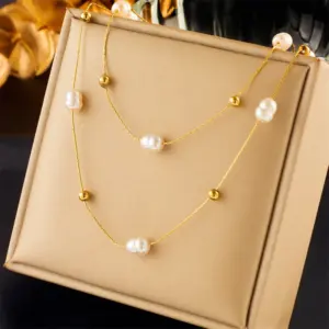 304 Stainless Steel Imitation Pearl Solid Color PVD Coated 18K Gold Plated Baroque Style Beaded Plating Layered Necklaces