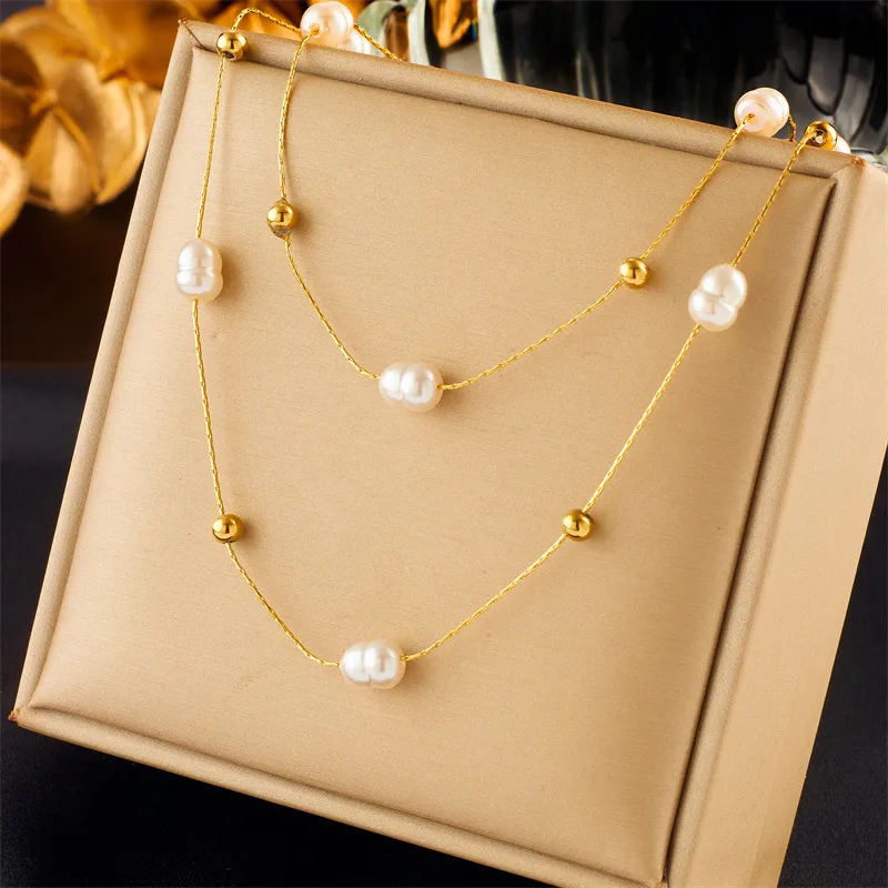 Wholesale 304 Stainless Steel Imitation Pearl Solid Color PVD Coated 18K Gold Plated Baroque Style Beaded Plating Layered Necklaces