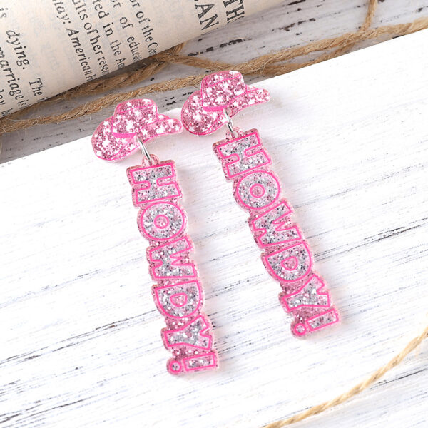 Wholesale Cross-border New Western-style Denim Hat HOWDY Pink Sequins Acrylic Pendant Earrings Distinctive Earrings