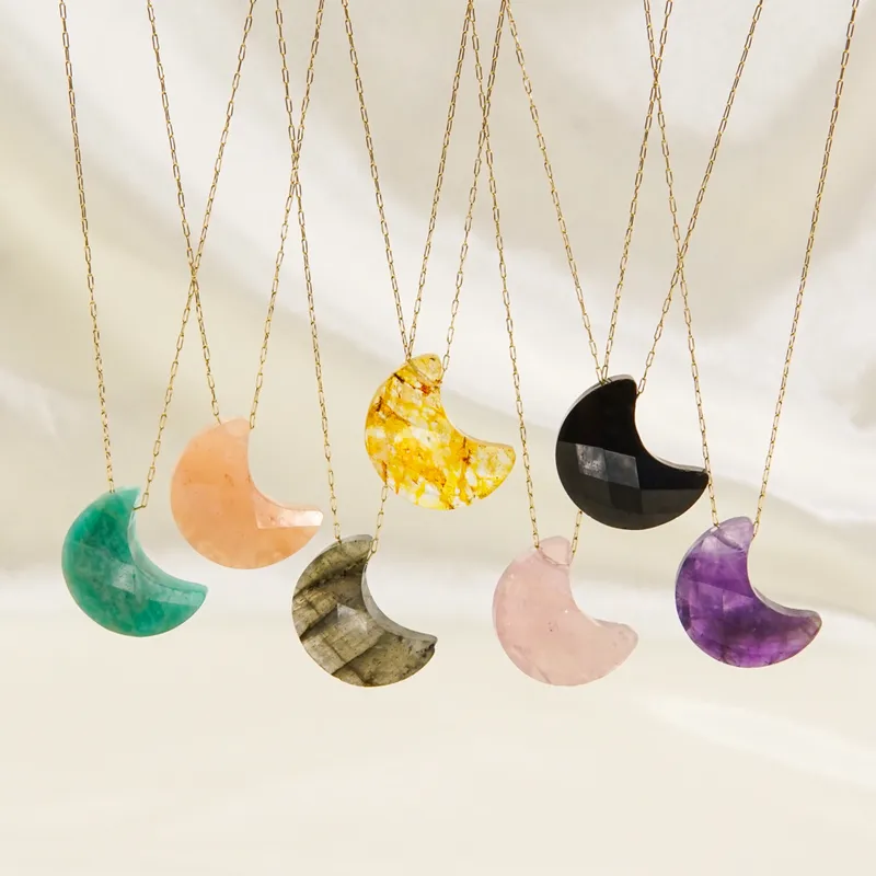 Wholesale PVD Coated 14K Gold Real Gold Plated Moon 304 Stainless Steel Natural Stone Modern Style Waterproof Non Tarnish 304 Stainless Steel Pendant