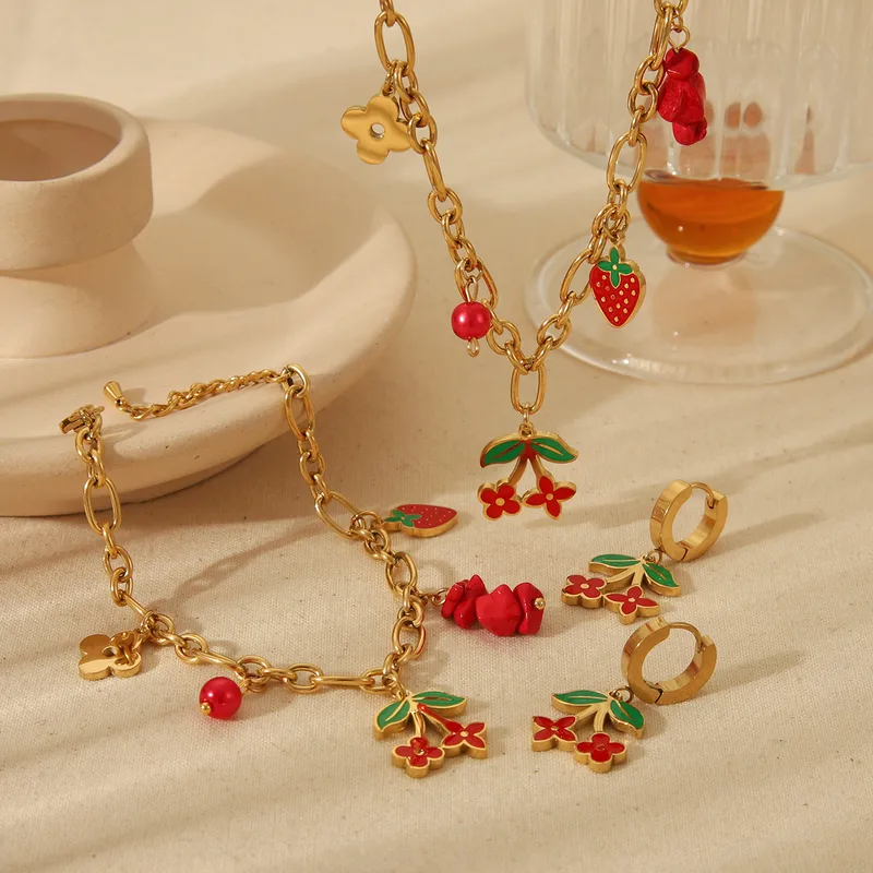 Wholesale Jewelry Cute Sweet Cherry Strawberry 304 Stainless Steel 18K Gold Plated Exy Plating Bracelets Earrings Necklace