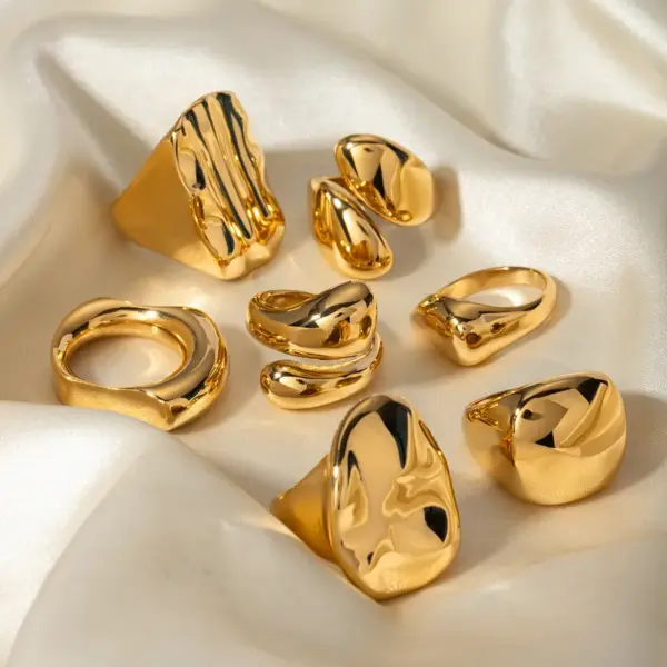 Wholesale 304 Stainless Steel Water Droplets Solid Color PVD Coated 18K Real Gold Plated Real Gold Plated Vacation Simple Style IG Style Waterproof Non Tarnish Asymmetrical Gold Open Rings Rings